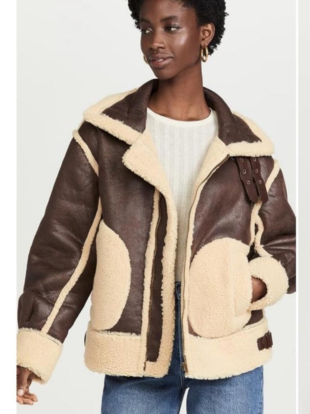 Cozy and chic Moon River faux leather buckle jacket with Sherpa lining